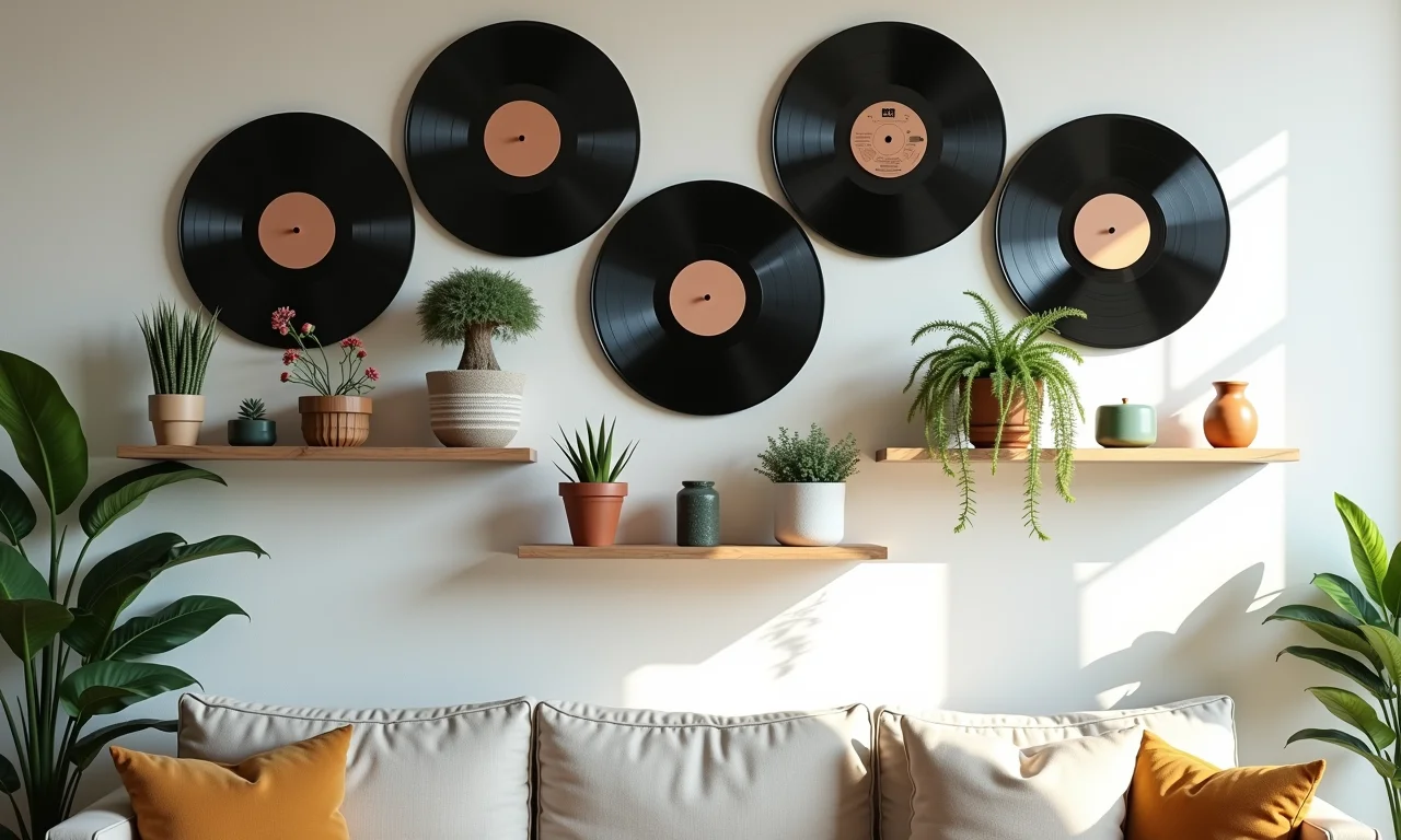 Discos de vinil alternados com objetos decorativos na parede.