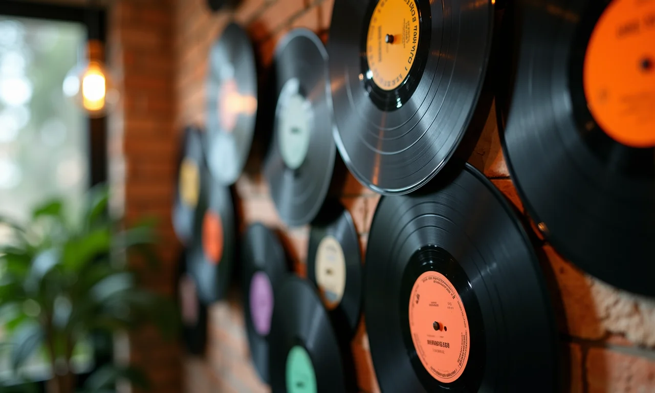 Discos de vinil transformados em obras de arte na parede.