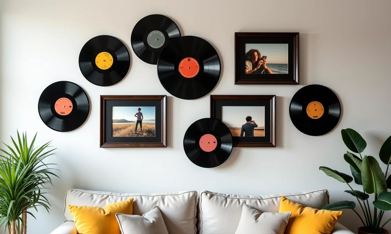 Discos de vinil usados como molduras para fotos na parede.