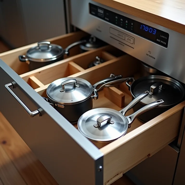 Divisórias de gaveta para organização de panelas.