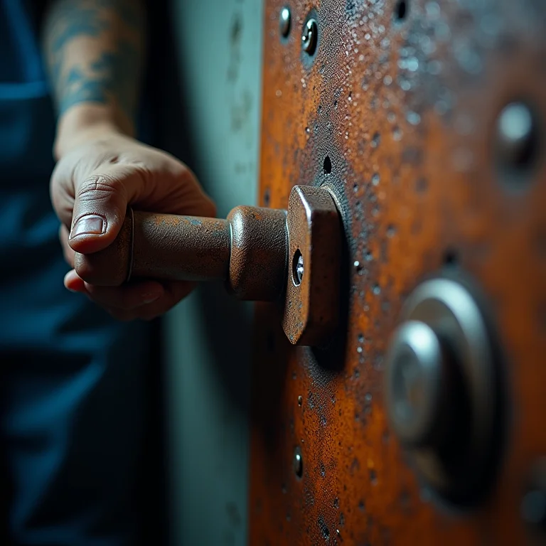 Dobradiça enferrujada de um cofre sendo tratada com spray removedor de ferrugem, com óculos de proteção visíveis.