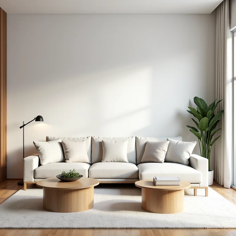 Duas mesas laterais usadas como mesa de centro em sala de estar minimalista