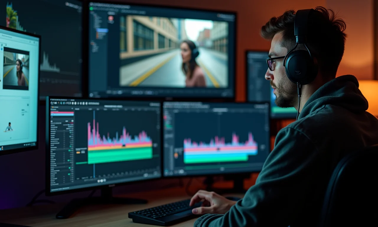Editor de vídeo trabalhando em projeto dinâmico, com softwares de edição criativa.
