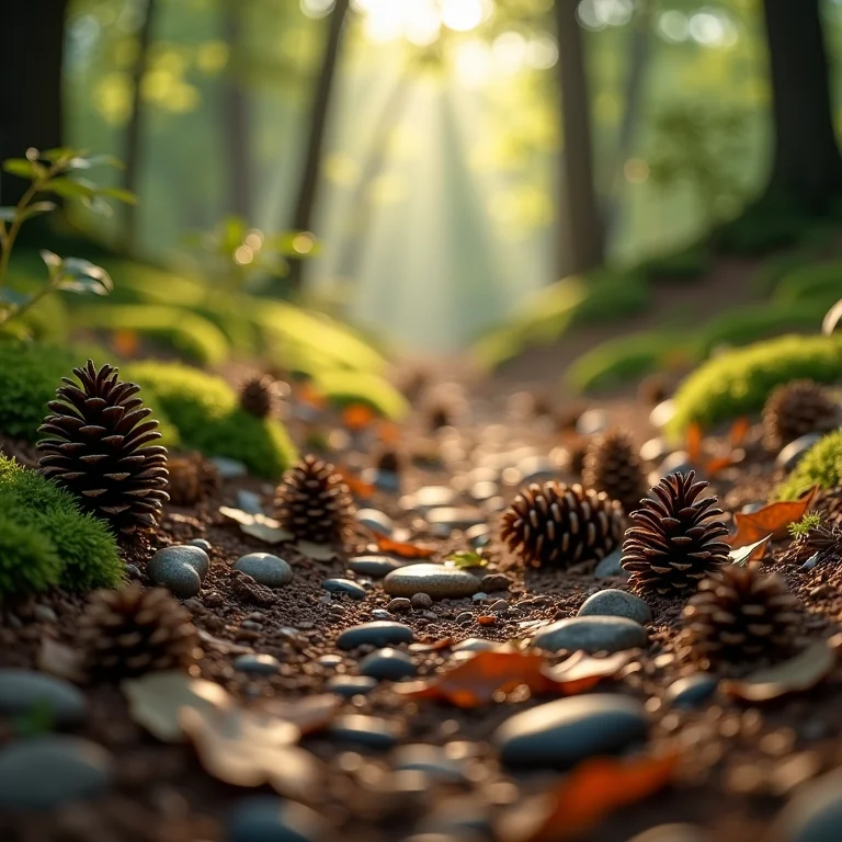 Elementos naturais em seu habitat: floresta com pinhas e pedras
