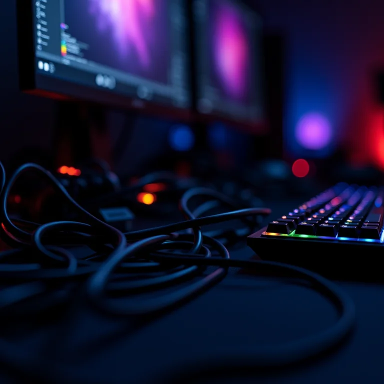 Emaranhado de cabos atrás de um setup gamer desorganizado.