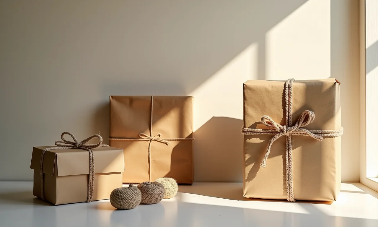 Embalagens de presente sustentáveis com papel kraft, tecido e barbante.
