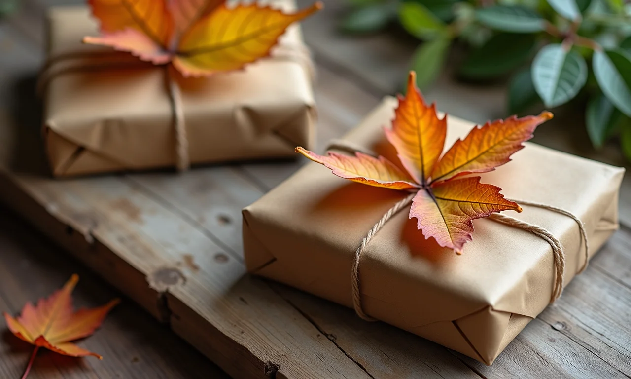 Embalagens decoradas com folhas secas.