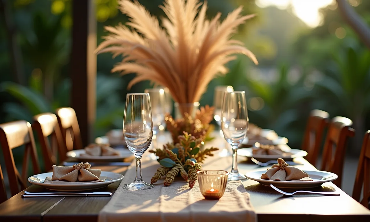 Enfeites de mesa com folhas secas.