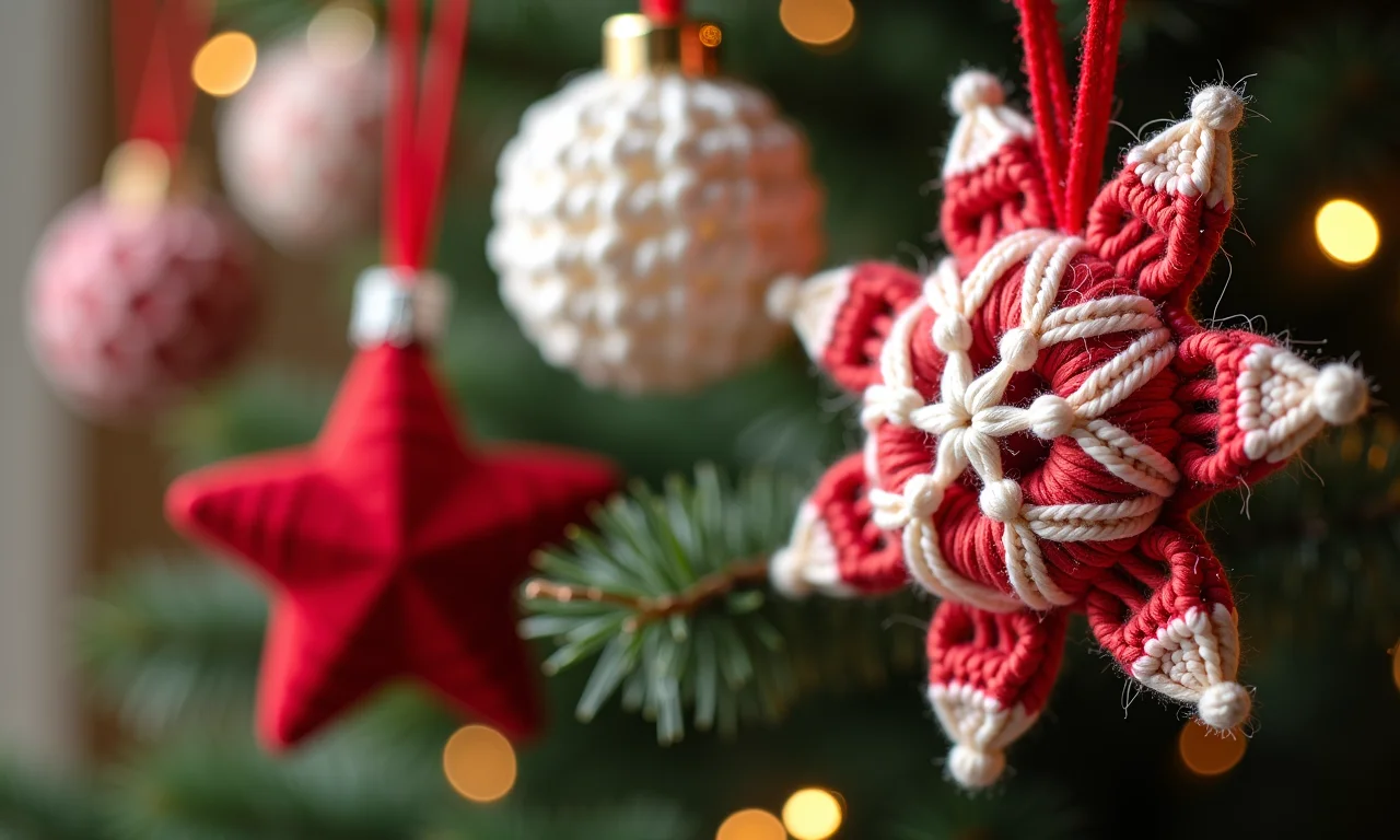Enfeites de Natal de crochê e tricô, estrelas e flocos de neve.