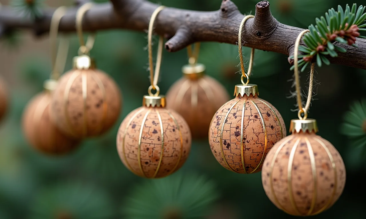 Enfeites de Natal feitos com rolhas de cortiça pendurados em galho natural.