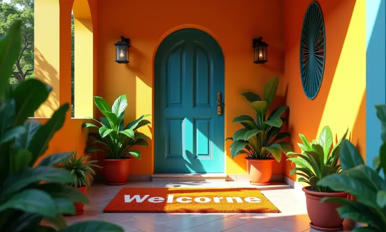 Entrada colorida de casa brasileira com capacho personalizado vibrante.