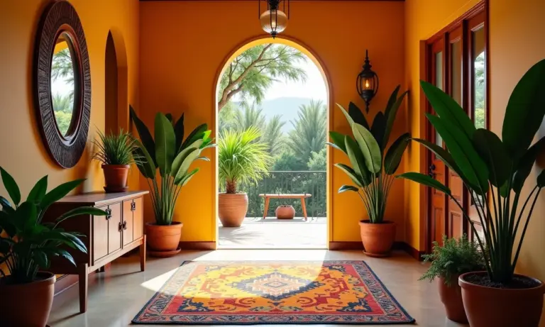 Entrada de casa decorada com tapete colorido, plantas e espelho.