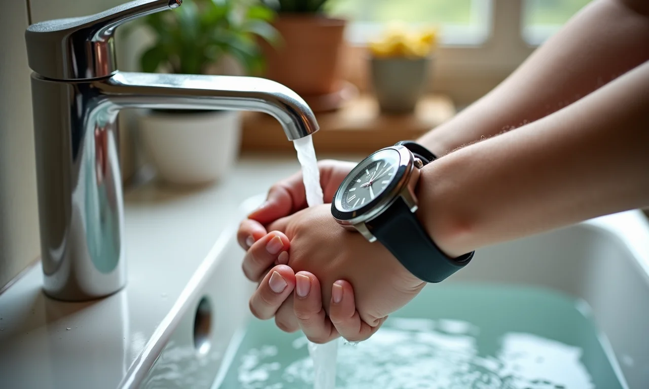 Enxaguando relógio com cuidado sob água corrente.