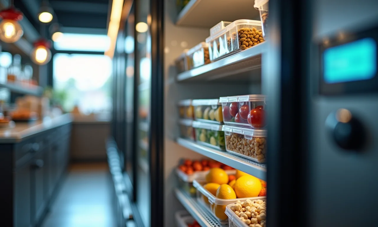 Equipamento de refrigeração de restaurante limpo e organizado.