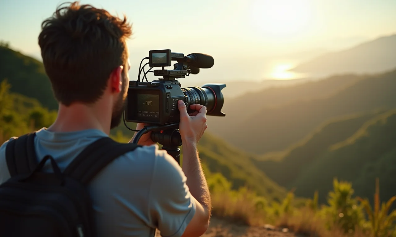 Equipe de filmagem gravando vídeo institucional com equipamentos profissionais e paisagem brasileira ao fundo.
