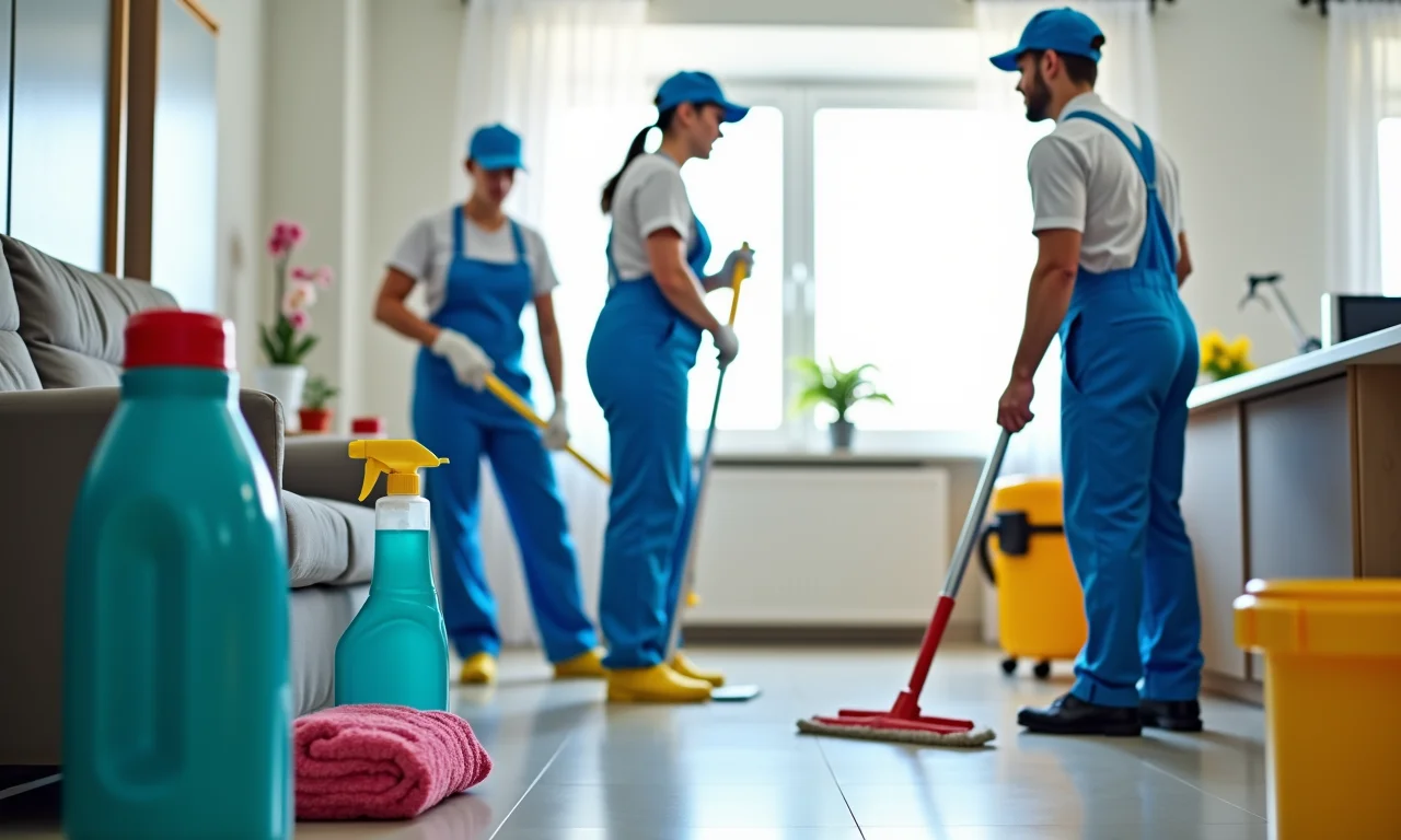 Equipe de limpeza com equipamentos profissionais: aspiradores, mop, detergentes.