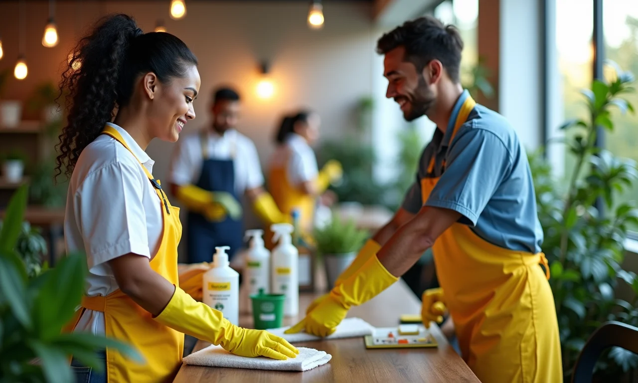 Equipe de limpeza usando produtos ecológicos em evento, foco nos rótulos.
