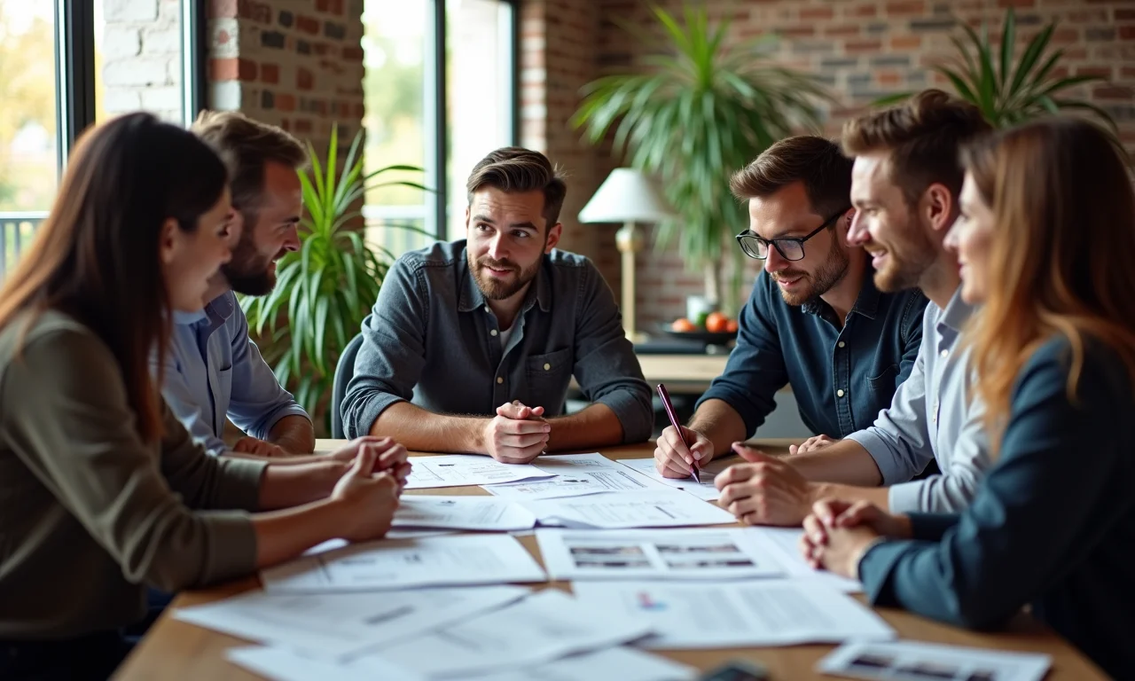 Equipe diversa colaborando em vídeo institucional, com storyboards e iluminação natural.