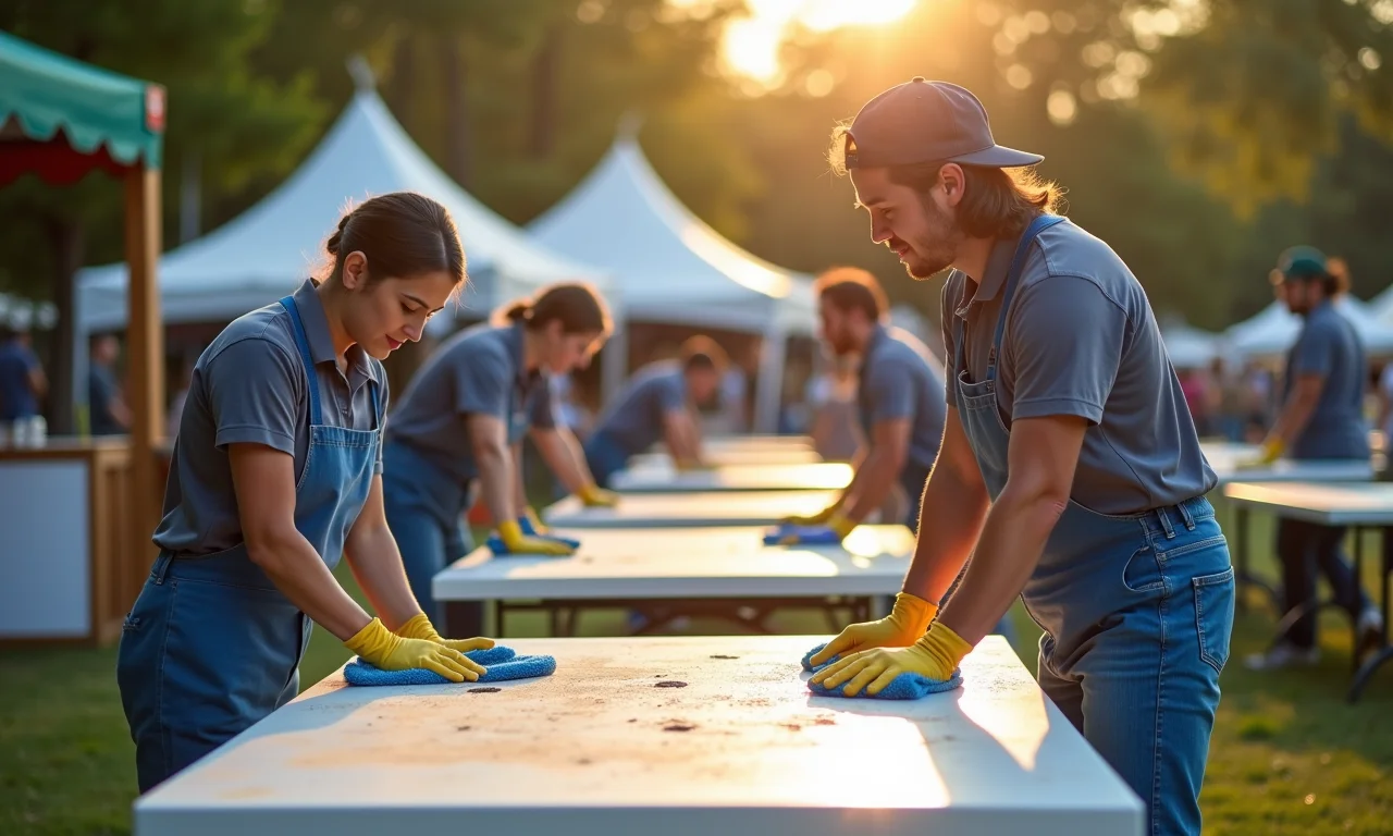 Equipe preparando local para festival, limpando mesas e superfícies.