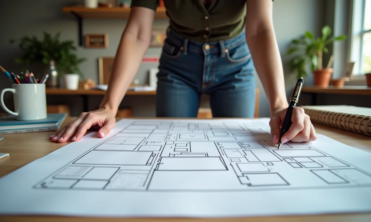 Esboço de planejamento do espaço de um ateliê de artesanato.