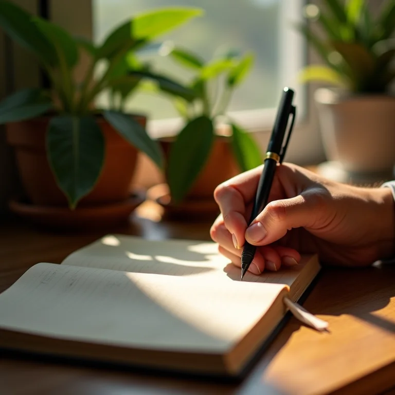 Escrevendo em um diário em um espaço acolhedor.