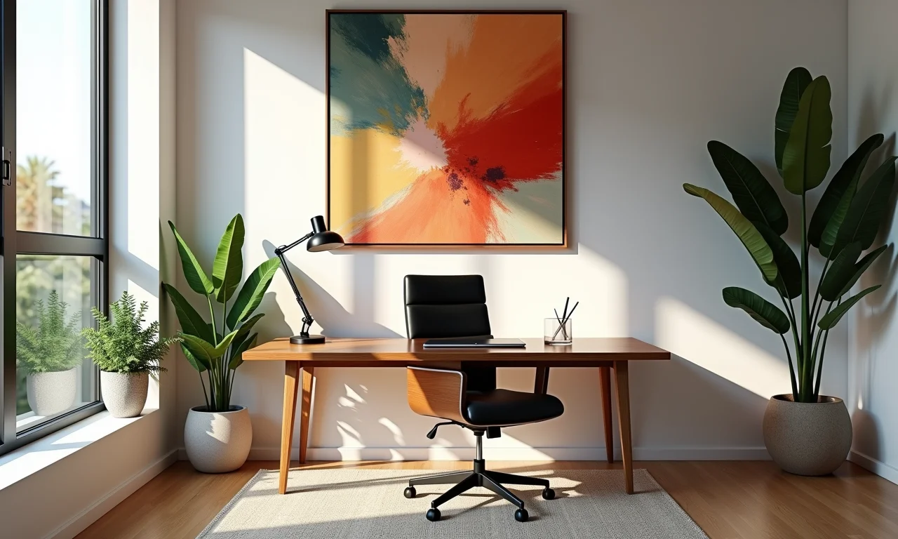 Escritório em casa com arte abstrata, ambiente criativo.