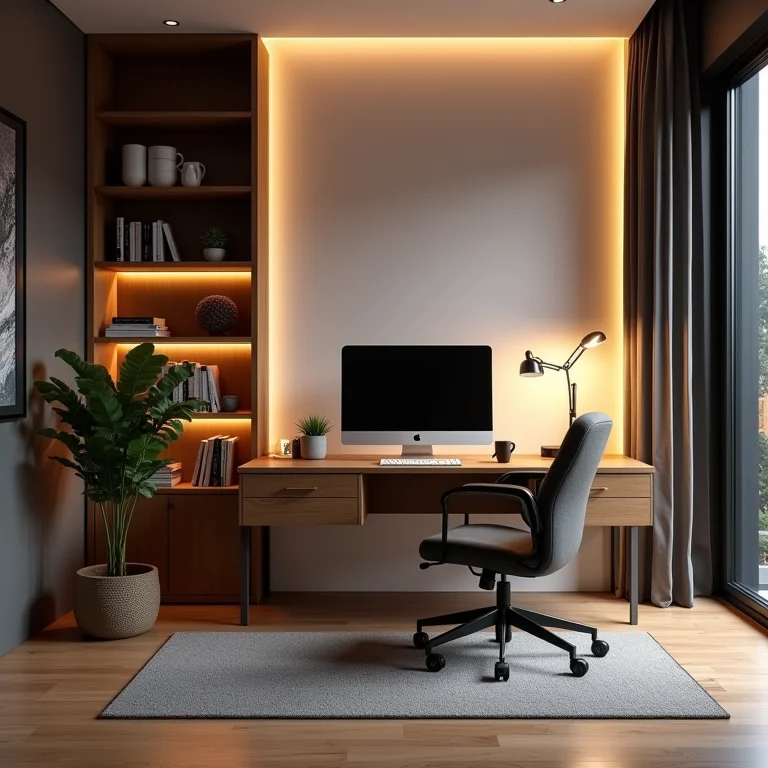 Escritório em casa com iluminação eficiente e móveis ergonômicos