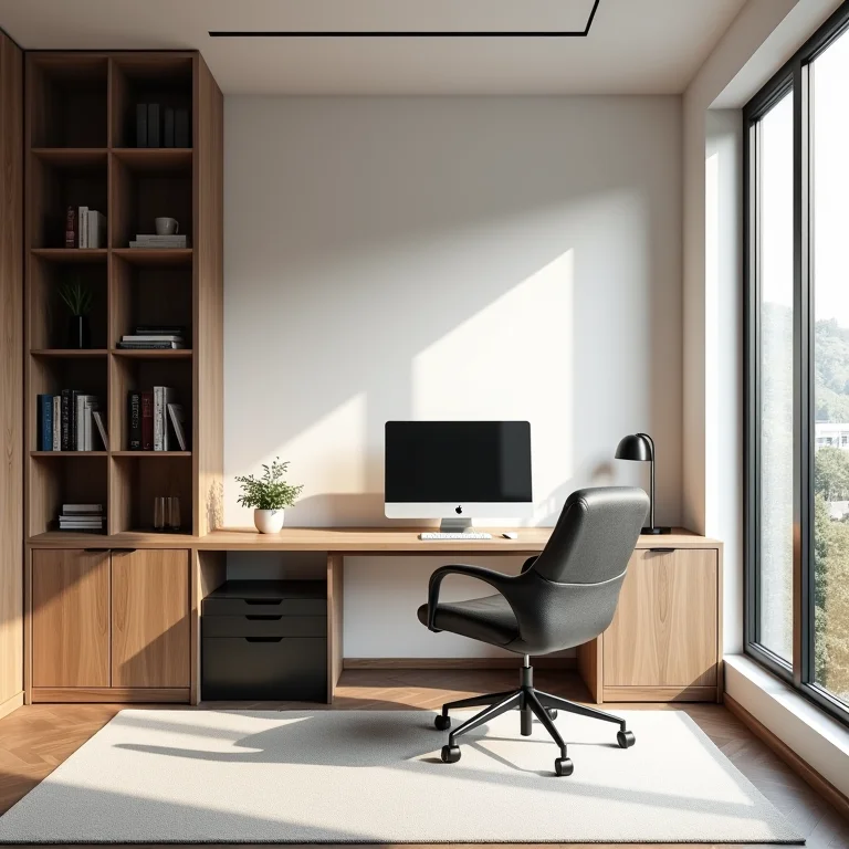 Escritório em casa elegante e funcional, com foco na ergonomia e organização.