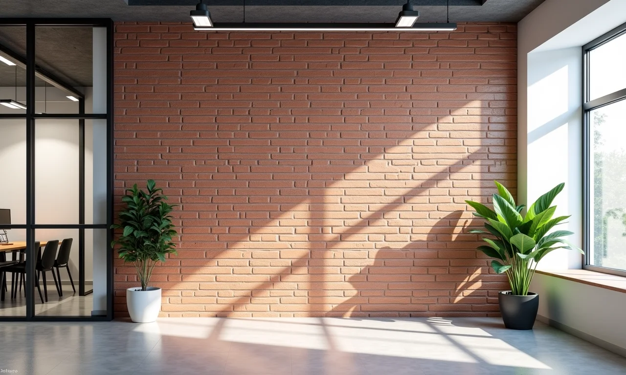 Escritório moderno com revestimento 3D que imita tijolinho.