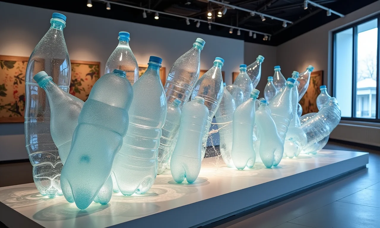 Esculturas artísticas feitas de garrafas PET em uma galeria de arte.