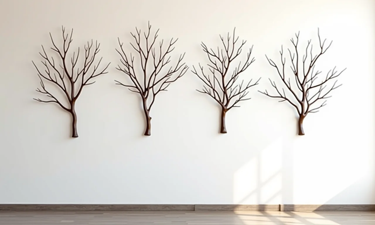 Esculturas de parede feitas com galhos secos em uma sala minimalista.