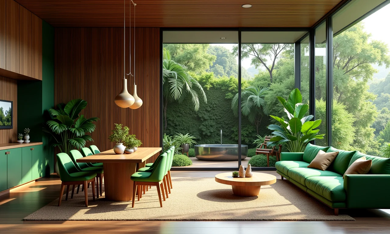 Espaço aberto com tema de selva, sala de jantar e estar com móveis verdes vibrantes.