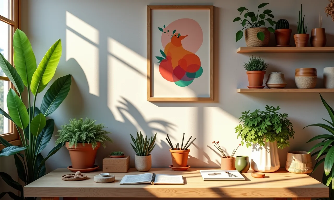 Espaço de artesanato personalizado com obras de arte e plantas.