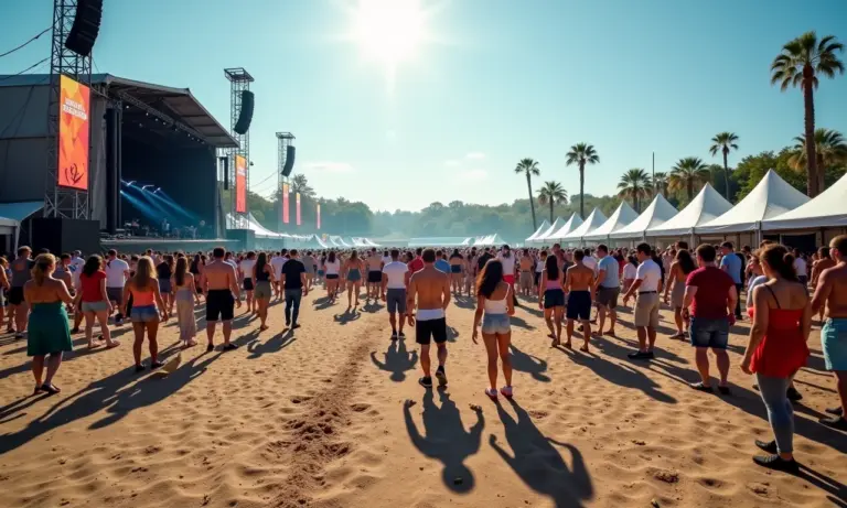 Espaço de evento limpo após um show ao ar livre, mostrando o contraste antes e depois.