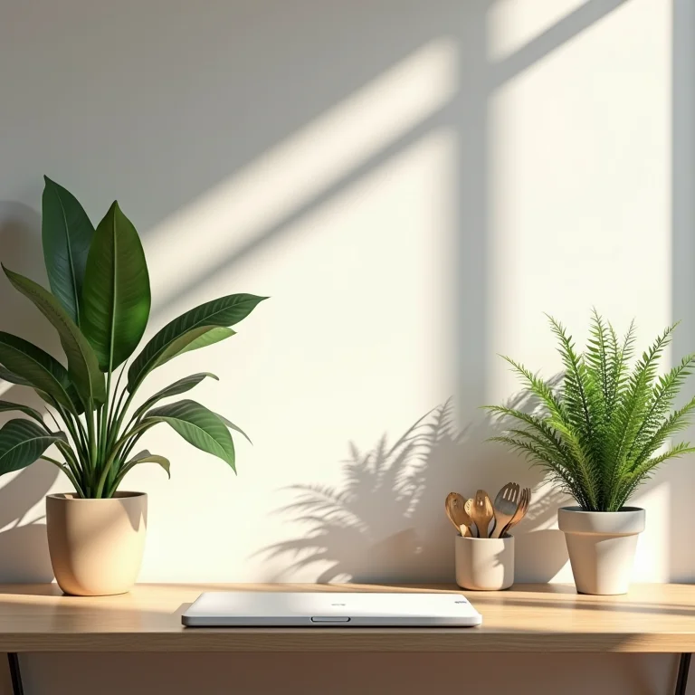 Espaço de trabalho organizado e minimalista com plantas e luz natural.