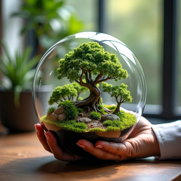 Especialista criando um terrário florestal decorativo.