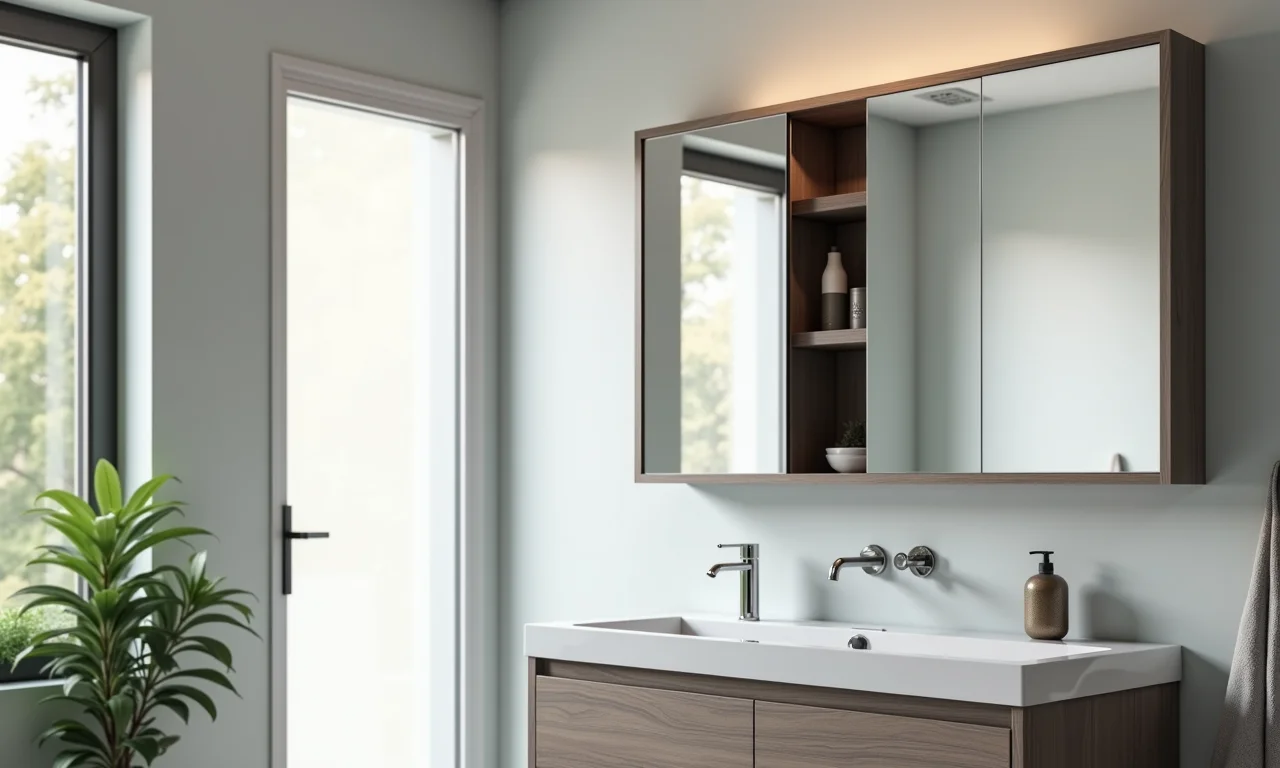 Espelheira com porta de correr para otimizar o espaço.