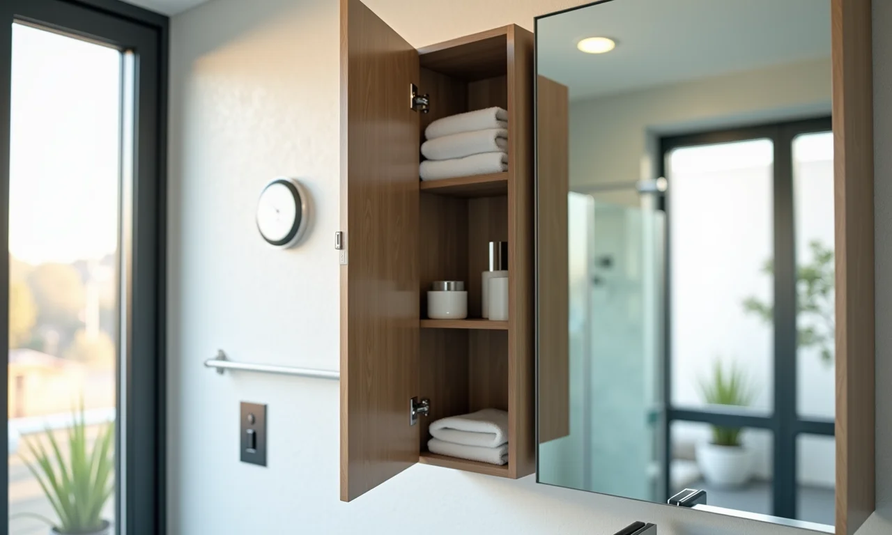 Espelheira com prateleiras internas bem organizadas.