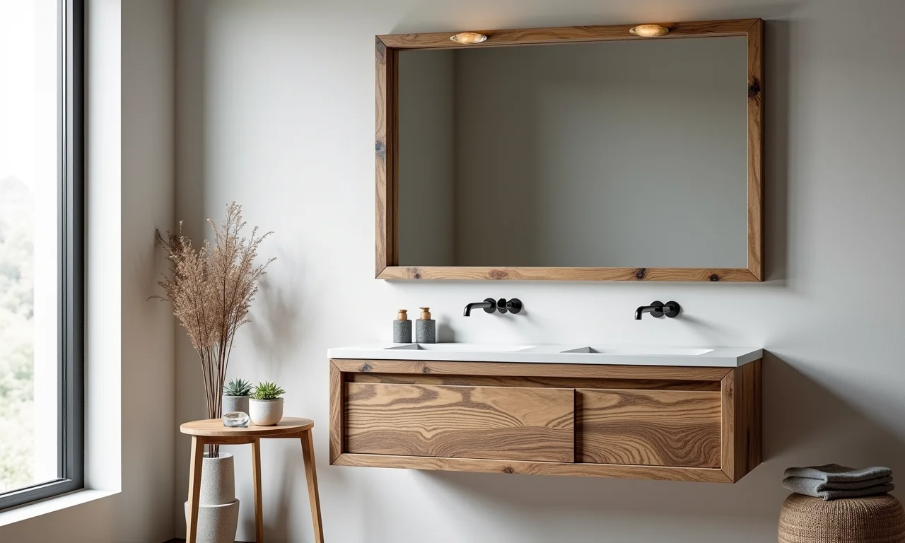 Espelheira feita de madeira reciclada, um toque sustentável.