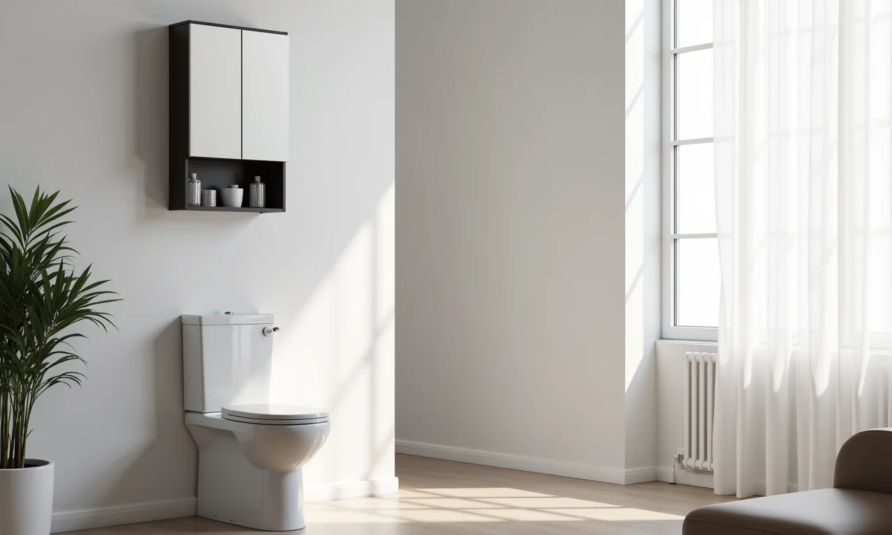 Espelheira instalada sobre o vaso sanitário para economizar espaço.