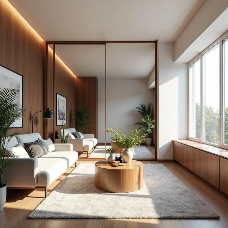 Espelho ampliando visualmente um apartamento pequeno.