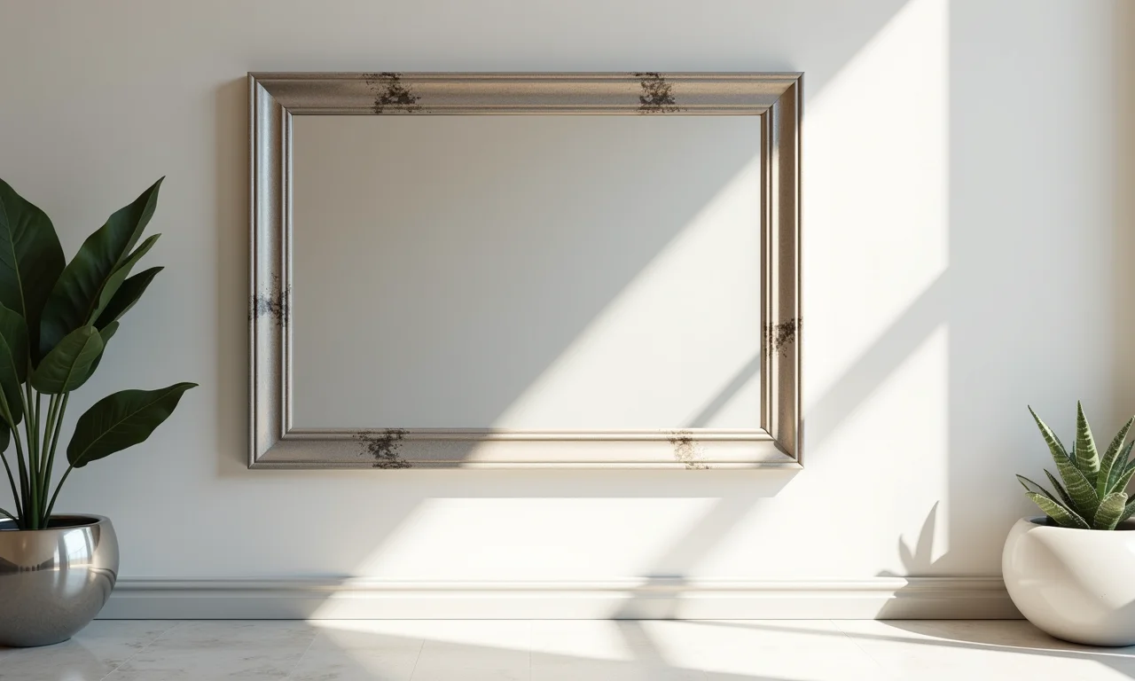 Espelho com moldura de mármore pendurado na parede.