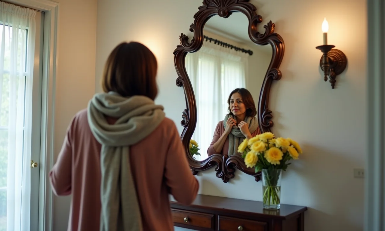 Espelho decorativo grande no hall de entrada, refletindo luz e elegância.