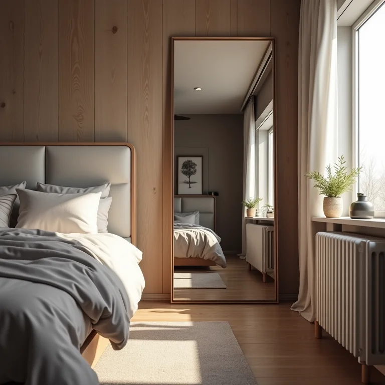 Espelho mal posicionado refletindo bagunça em um quarto pequeno