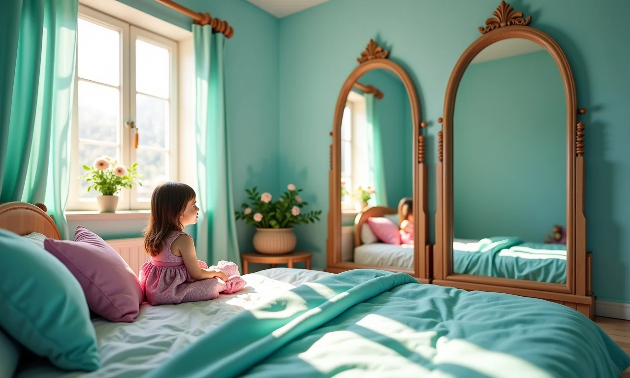 Espelhos em quarto de menina com tema de sereia.