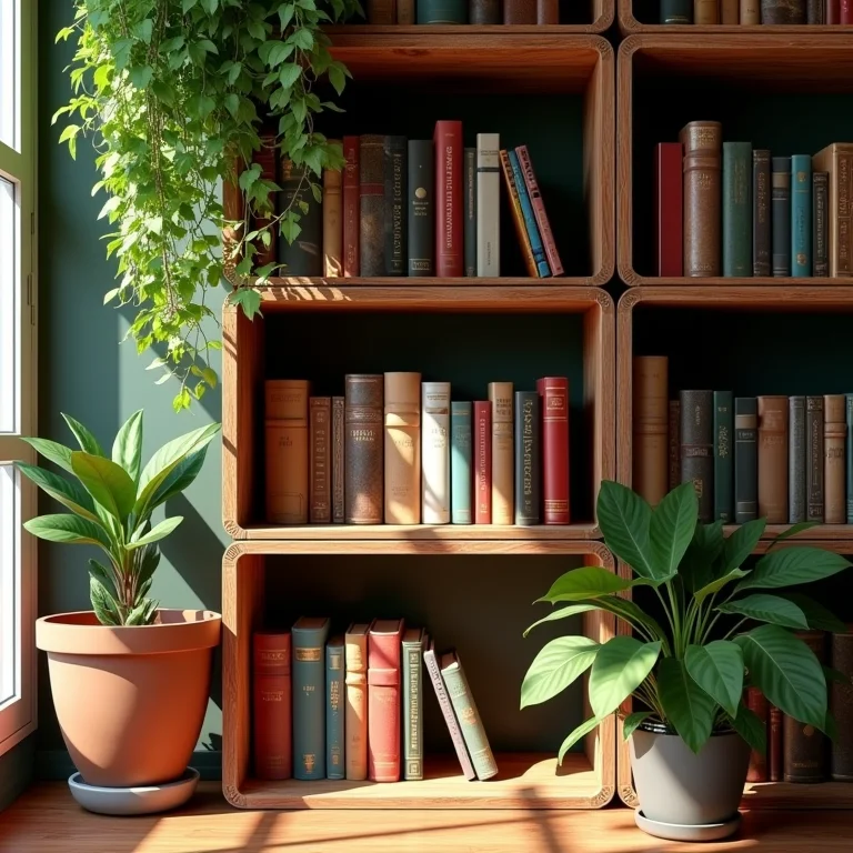 Estante de caixotes de feira rústica com livros e plantas.