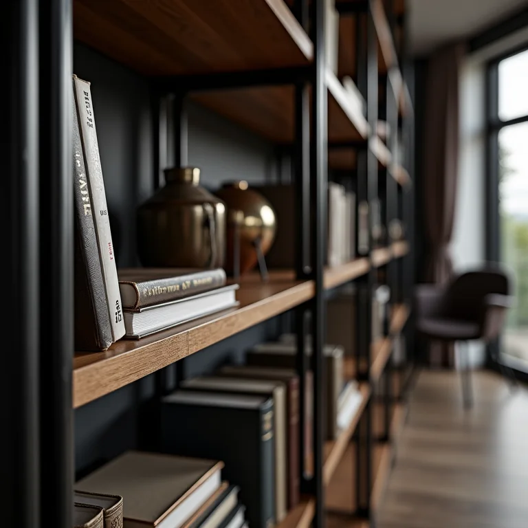 Estante de escada com estilo industrial e livros.