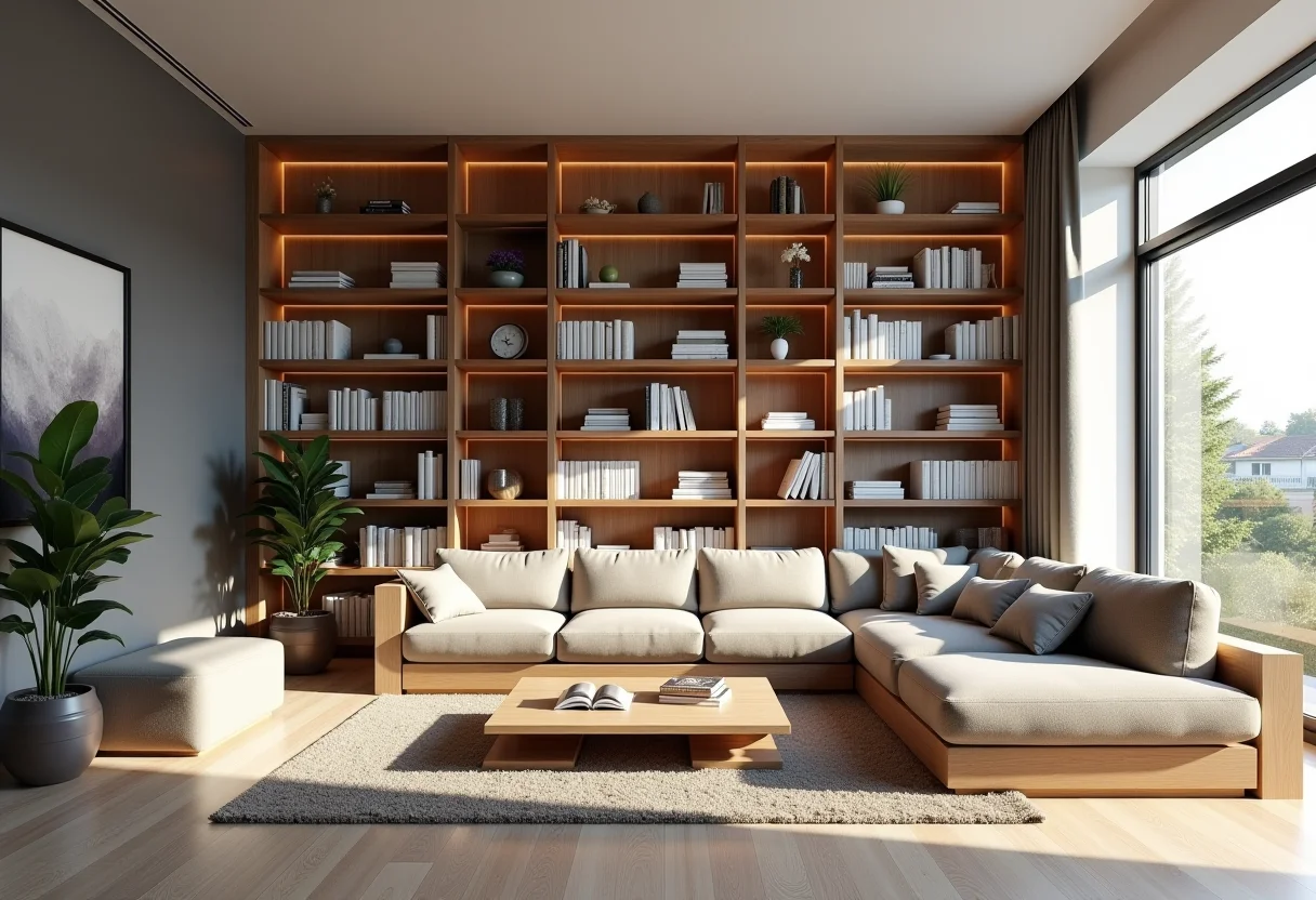 Estante de livros DIY criativa em uma sala de estar iluminada