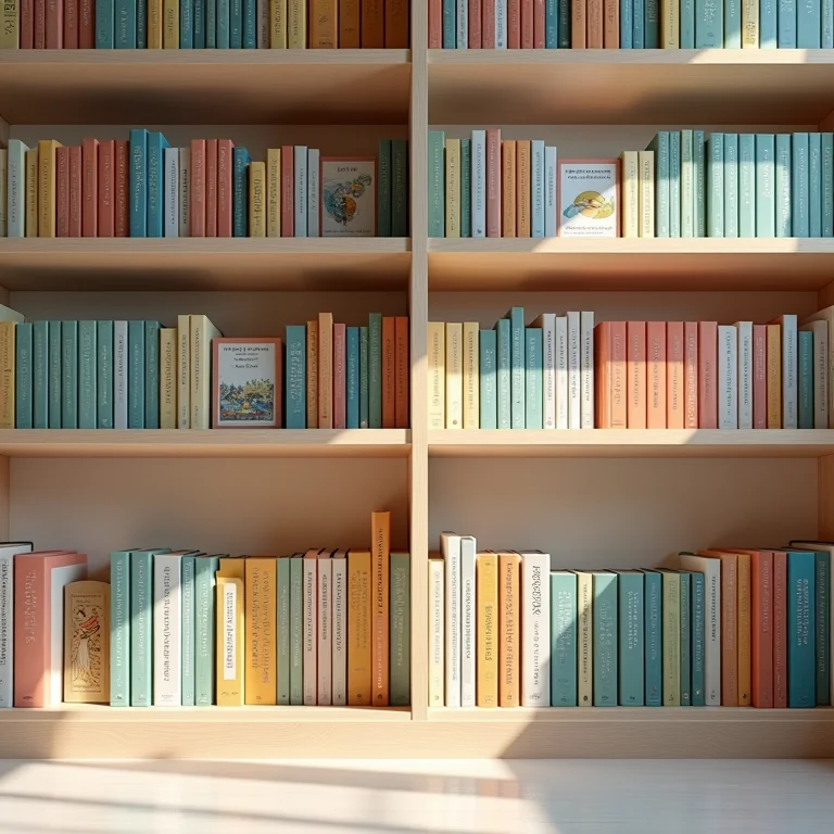 Estante de livros infantis organizada por cor e tamanho