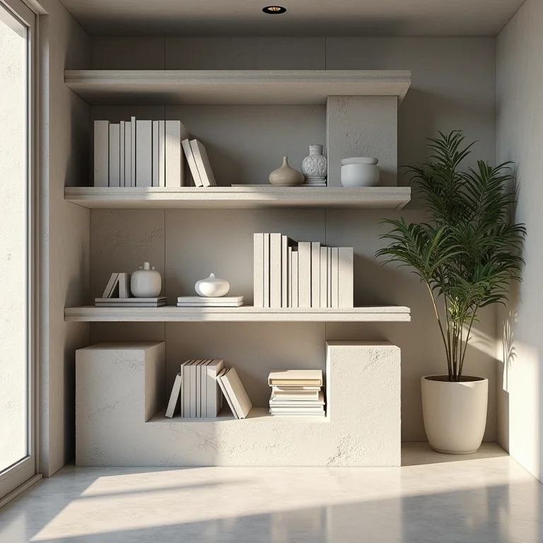 Estante de livros minimalista com blocos de concreto
